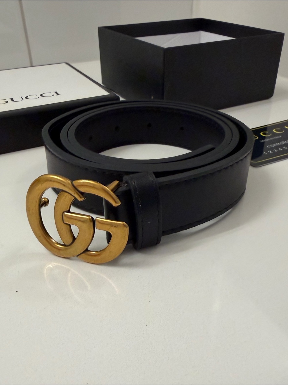 Gucci Black Leather Belt with Gold Double-G Buckle